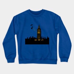 Mary Poppins and Big Ben Linocut Silhouette Print in black, blue and gold Crewneck Sweatshirt